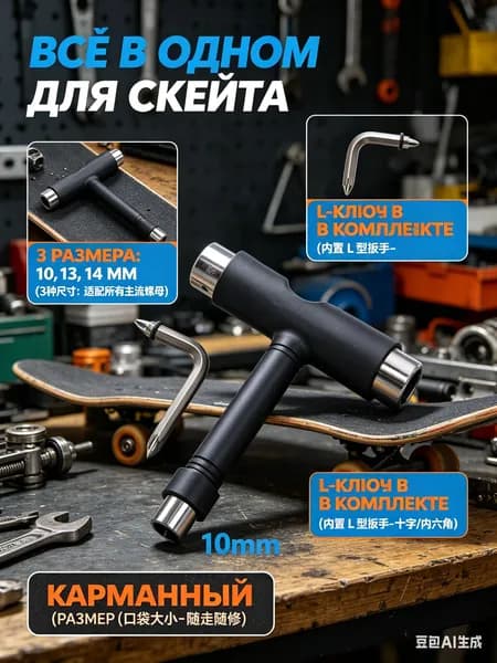 Ключ для скейтборда Т-образный универсальный, мультитул для лонгборда и пенниборда 10/13/14 мм, инструмент для настройки подвески и замены колес