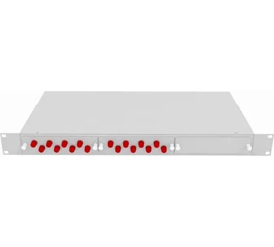 Кросс стоечный оптический VIMCOM 19'' укомплектованный 1U, 16 портов FC/UPC, 9/125 мкм (планки, сплайс-кассета, пигтейлы, адаптеры, КДЗС), серый.