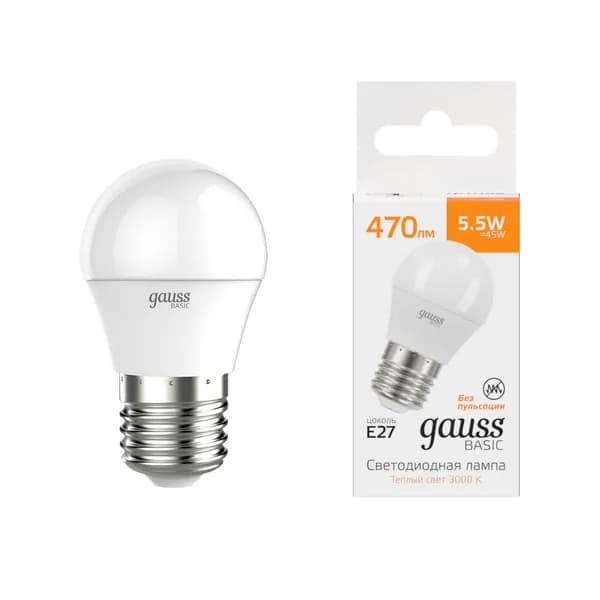 Лампочка светодиодная E27 Шар 5.5W 3000K Gauss Basic