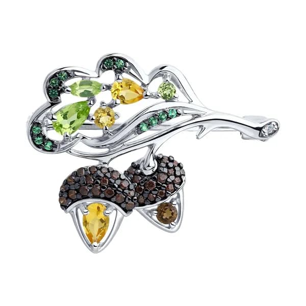 Серебряная брошь DIAMANT-ONLINE с фианитом, хризолитом, цитрином и раухтопазом 925 пробы
