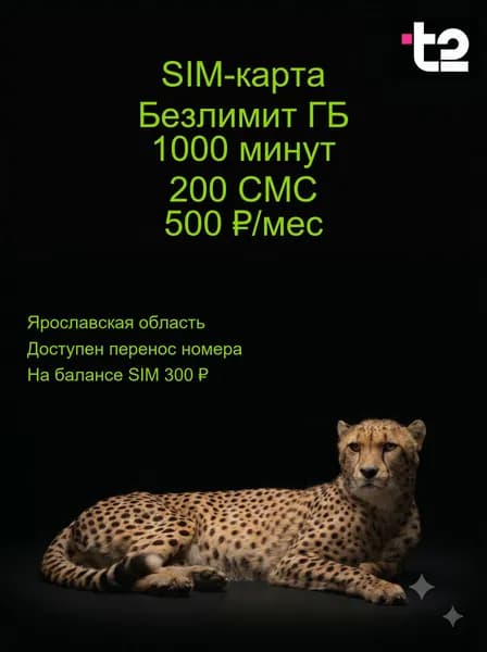 SIM-карта Т2, Безлимит ГБ, 1000 минут, Ярославская область