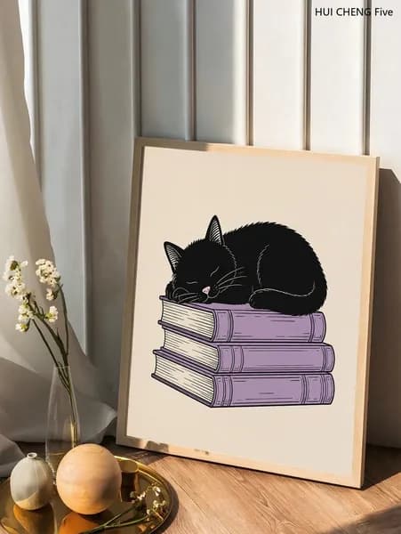 Постер "черная кошка спит на книге", 40 см х 30 см