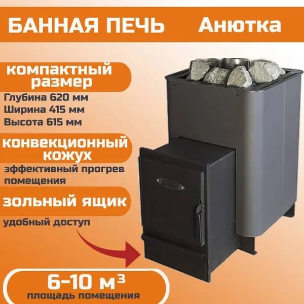Дровяная банная печь Анютка черный матовый 10 куб