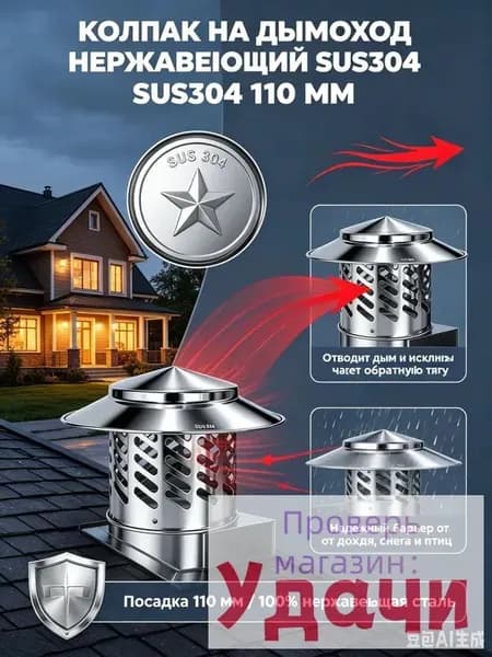 Колпак на дымоход нержавеющий SUS304, 110 мм-зонт на трубу, дефлектор для защиты вентиляции и крыши от осадков