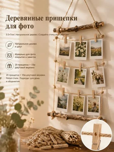 Набор деревянных прищепок для фото 20 шт + шнур 10 м скандинавский декор