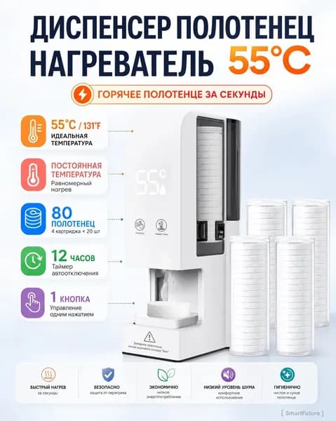 Диспенсер горячих полотенец 55C, 80 полотенец, автонагрев, таймер 12ч, настенный