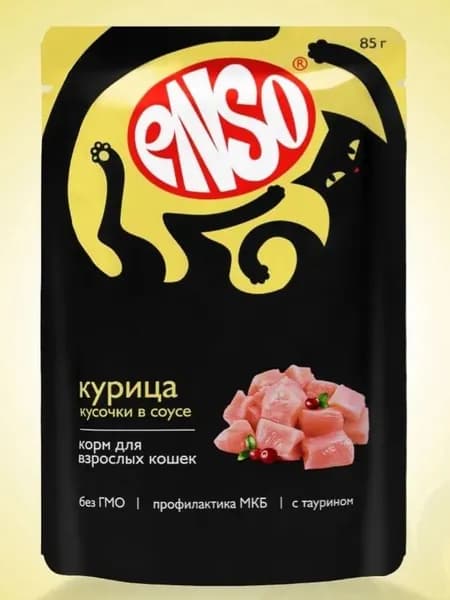 Корм влажный ENSO полнорационный для любых кошек, кусочки в соусе с курицей, пауч 85г