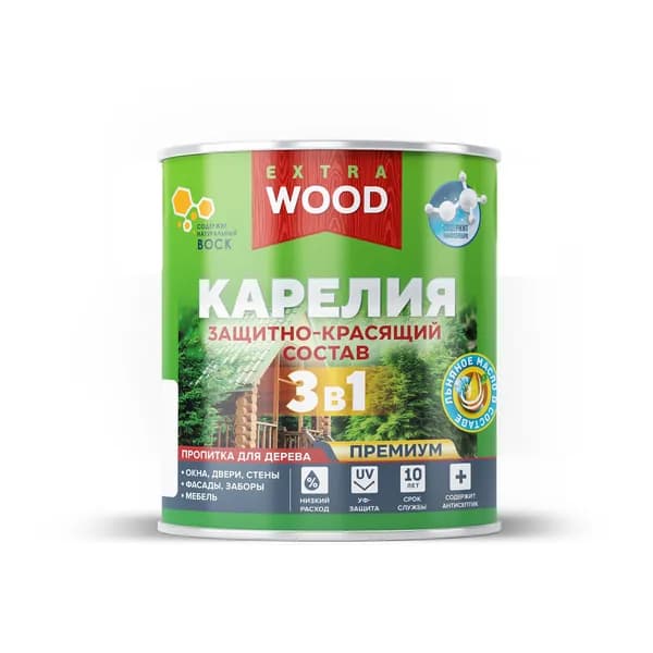 Водоотталкивающая пропитка для защиты дерева 3 в 1 Wood Extra Карелия с антисептиком, льняным маслом и натуральным воском, полуматовая, 0,75 л, белая