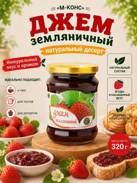 Джем земляничный натуральный ГОСТ, 320 г