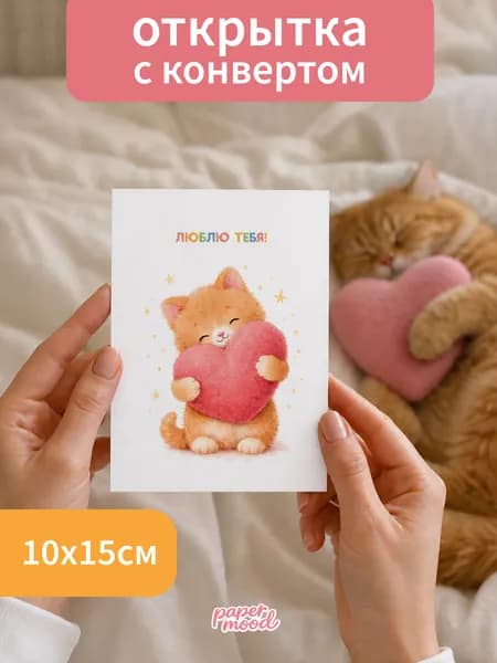 Открытка А6 с матовой ламинацией Paper Mood "Люблю тебя" с котом и сердечком