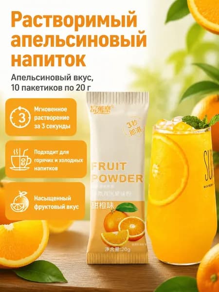 Сухой напиток со вкусом апельсина, 20 г 10 пакетиков, растворимый за 3 секунды, без жира