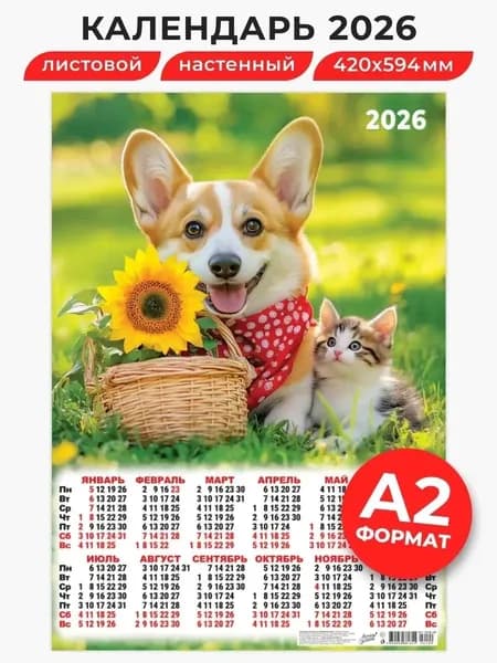 Календарь настенный листовой "Кот и пёс. Подарок с подсолнухом ", 598Х420 мм. на 2026 год