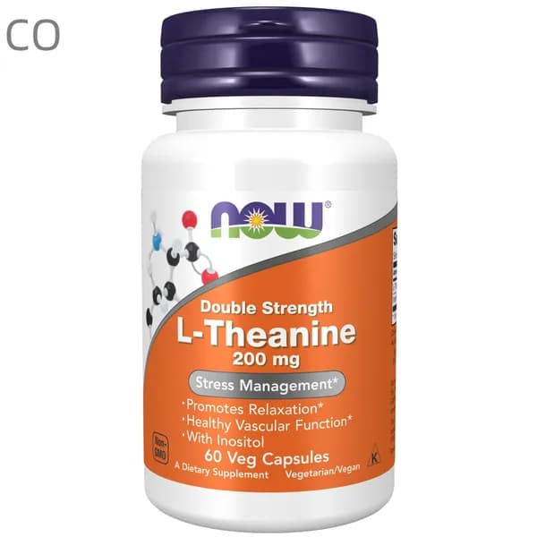 NOW L-Theanine 200mg, Л Теанин + Инозитол, 60 капсул двойной концентрации, Аминокислота, успокоительное для взрослых, ан