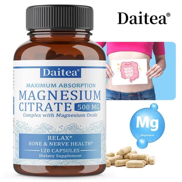 Daitea Высокоусвояемый комплекс цитрата магния 500 мг + оксида магния, 120 капсул, способствует расслаблению, здоровью костей и нервной системы.