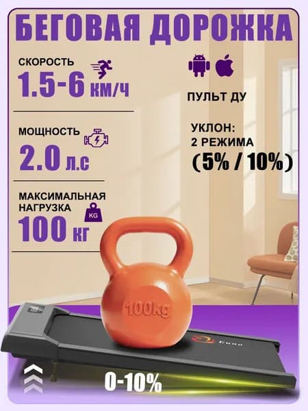 Беговая дорожка для дома электрическая EUNO JJ001, мини, компактная, без поручней, для ходьбы, до 100 кг