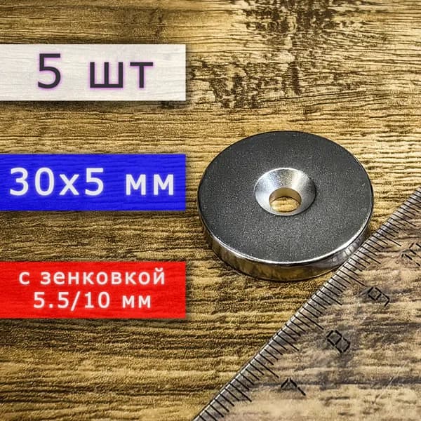 Набор магнитов (магнитные диски) 30х5 с отверстием (зенковкой) 5.5/10 (5 шт)