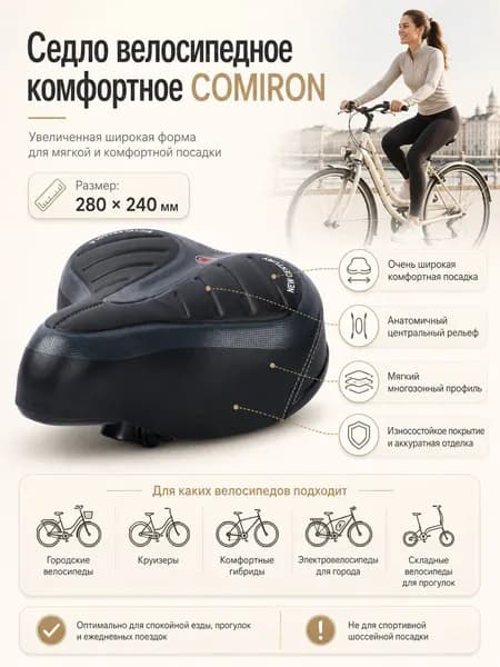 Седло велосипедное комфортное COMIRON, размер: 280x240