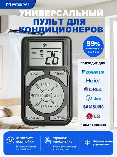 Универсальный ИК-пульт для кондиционера, совместимость с 99% сплит-систем, лёгкая настройка в одно касание, компактный мини-дизайн с ремешком, дальность до 10 м, замена для большинства брендов