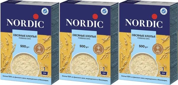 Хлопья Nordic овсяные, комплект: 3 упаковки по 500 г