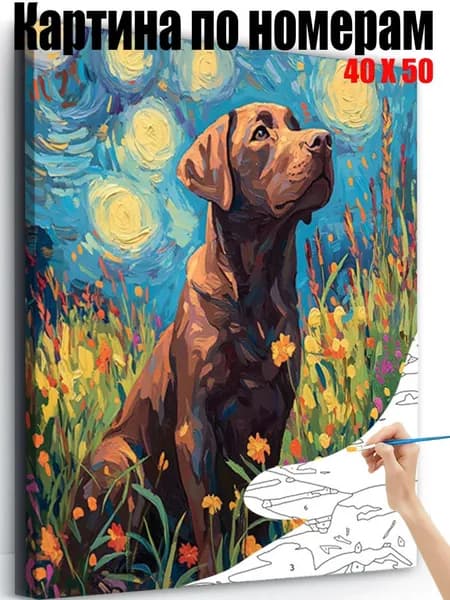 Картина по номерам 40x50 см на холсте, DIY своими руками , Собака на цветочном поле под звездным небом,для начинающих подарок для дома