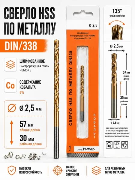 Сверло по металлу 2,5 мм 1 штука