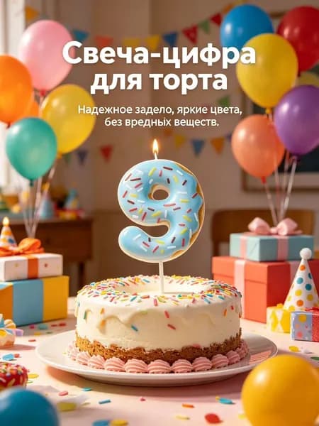 Свечи для торта цифра 9, 5.7 см х 3 см, 1 шт