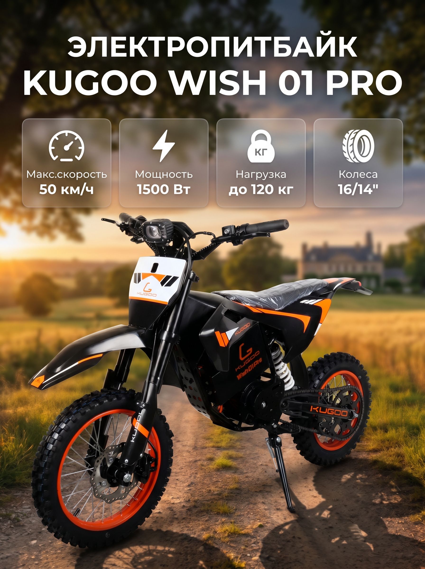 Электропитбайк электромопед Kugoo WISH 01 Pro 1500W 60V/21Ah