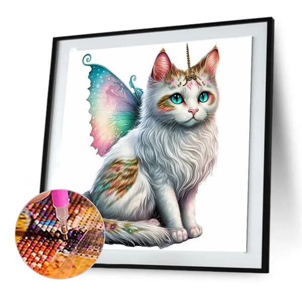 Алмазная мозаика с котенком и крыльями 30x30 см, полная выкладка, смола