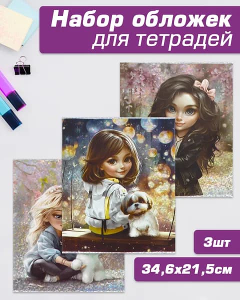 Обложки для тетрадей с голографическим рисунком 3 шт. в наборе, 346х215 мм