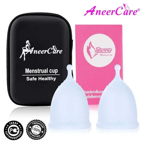 Набор менструальных чаш AneerCare, размеры S+L . Белые. Хвостик шар. Силиконовая женская чаша для месячных, комплект 2 шт