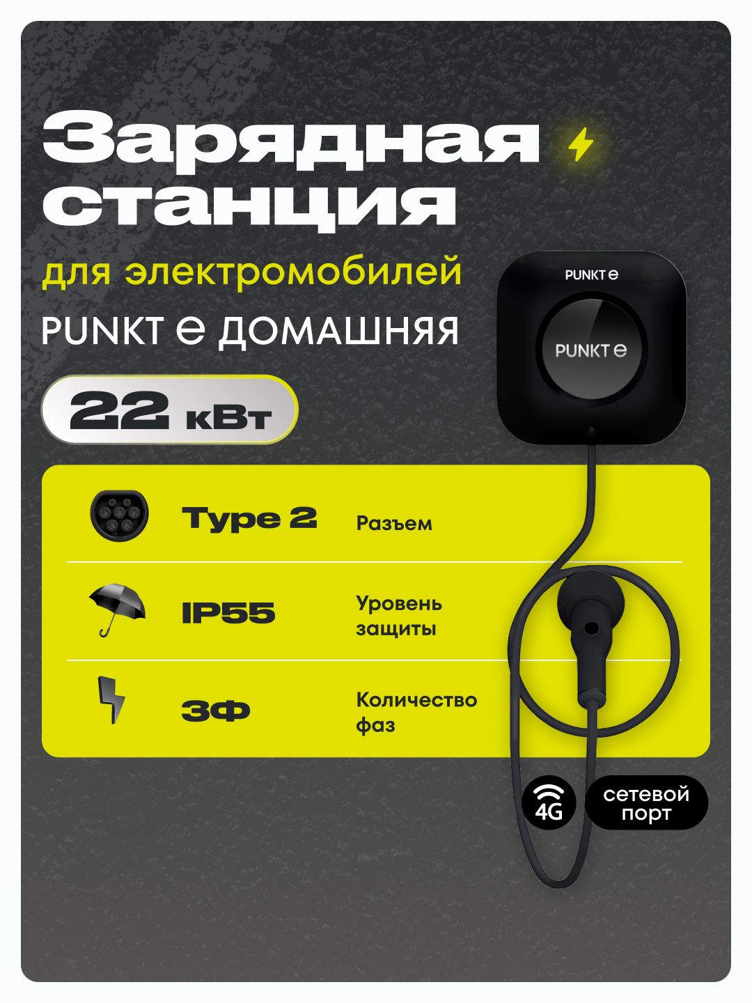 Зарядная станция PUNKT E Домашняя 22 кВт Type 2 настенная 3 фазы