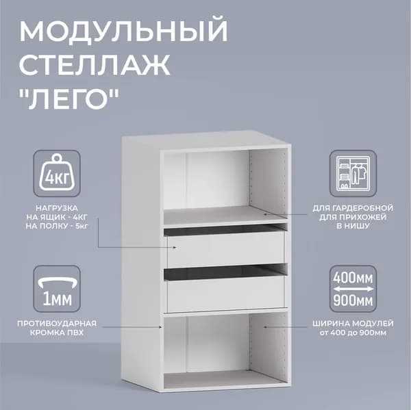 Модуль для гардеробной "Лего" Стеллаж модульный Л2.02 1 полка, 2 ящика 105,3х60х49 см Белый