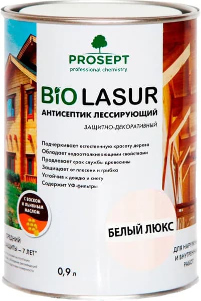Антисептик лессирующий защитно-декоративный PROSEPT BiO LASUR / Био Лазурь белый люкс / 0,9 л
