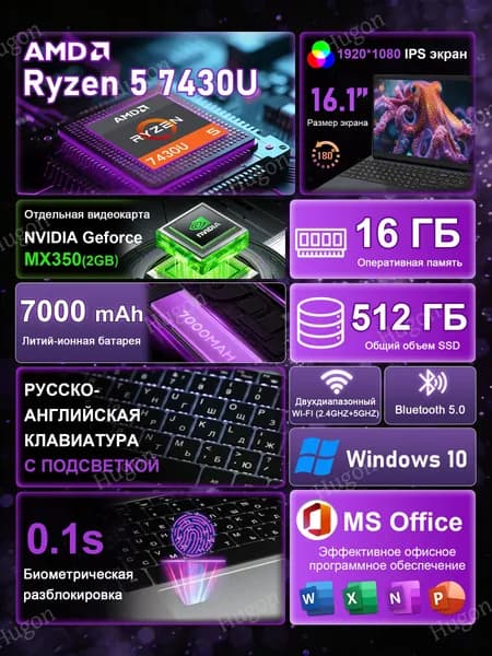 Hugon G11 Игровой ноутбук 16.1", AMD Ryzen 5 7430U, RAM 16 ГБ, SSD 512 ГБ, NVIDIA GeForce MX350 (2 ГБ), Windows Home, (G11), серый, Русская раскладка