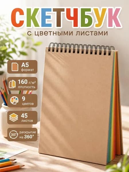 Скетчбук с цветными листами для рисования А5 160 г/м2