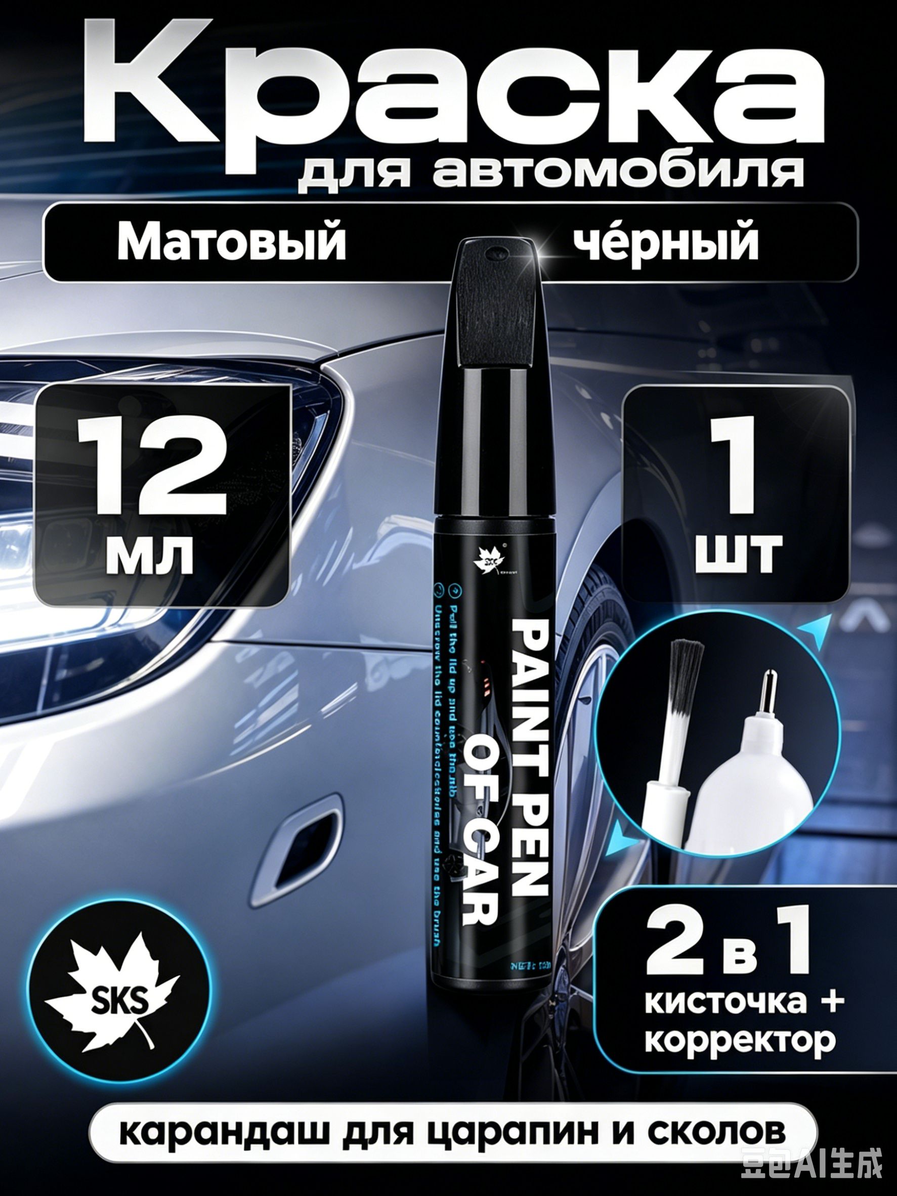 Средство для ремонта царапин, цвет: черный матовый, 12 мл, 1 шт.