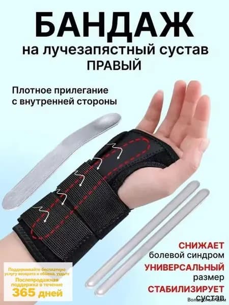 Ветеринарное медицинское оборудование / Бандаж на лучезапястный сустав правый. Ортез, фиксатор для кисти. Цвет черный, размер универсальный.1 шт.