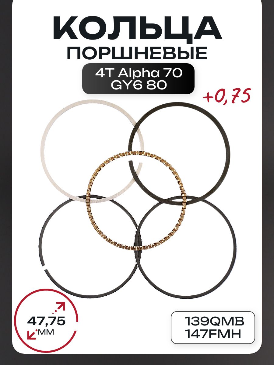 Кольца поршневые 4T Alpha 70, GY6 80 47,75mm 139QMB, 147FMH