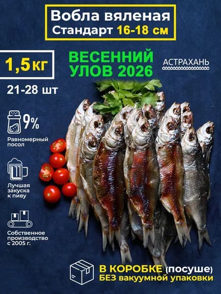 Вобла вяленая с икрой 16-18 см, 1,5 кг, в коробке без вакуума, набор рыба сушеная целая 1500гр закуска к пиву, деликатесы Дары Каспия