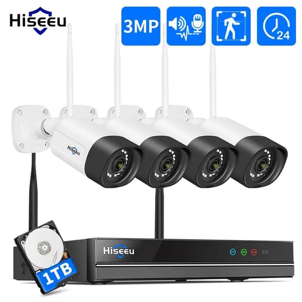 Hiseeu Wi-Fi Комплект камеры видеонаблюдения,10CH NVR Набор,3MP 4 IP камеры, 1TB жесткого диска,Цветная ночного видения,Двусторонняя аудиосвязь,P2P