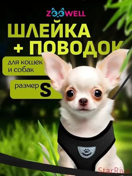 Шлейка и поводок для кошек, маленьких пород собак и хорьков ZOOWELL, набор для прогулок, черный размер S