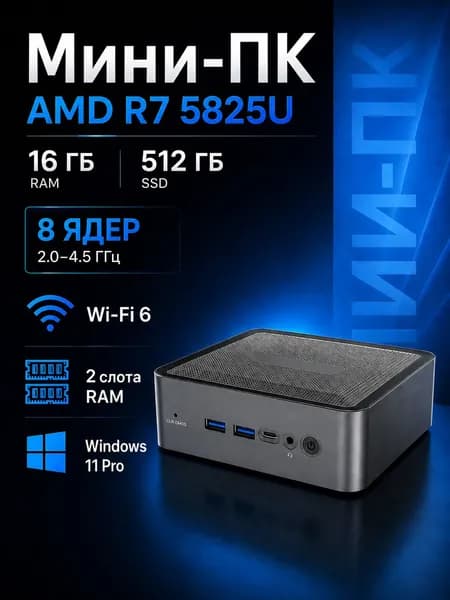 Мини-ПК (AMD Ryzen 7 5825U, RAM 16 ГБ, SSD 512 ГБ, AMD Radeon Graphics, Windows 11 Pro), черный