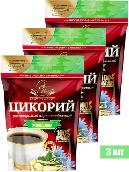 Элит Продукт Цикорий растворимый с экстрактом Женьшеня, натуральные витамины и микроэлементы, 100 г. (3 шт.)