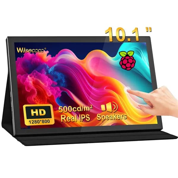 Wisecoco Пиксельный экран 10.1" Сенсорный IPS монитор для Raspberry Pi, 1280x800 HD дисплей, USB-C/HDMI, портативный дополнительный экран с чехлом, динамики, Plug & Play, совместим с Raspberry Pi 5/4B/3B+, Windows, черный