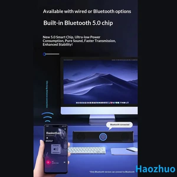 Компьютерные колонки Bluetooth 5.0 и проводное подключение, 2.0 с усилением НЧ