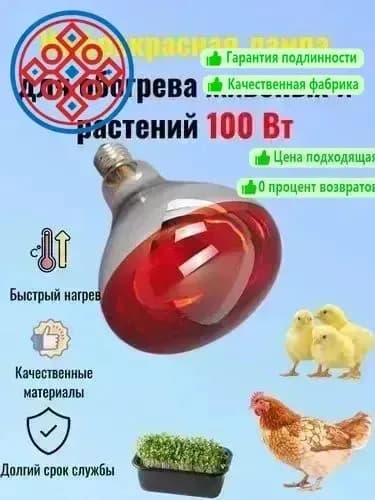 Лампа инфракрасная для обогрева цыплят, кур, свиней, растений и теплиц 100 Вт