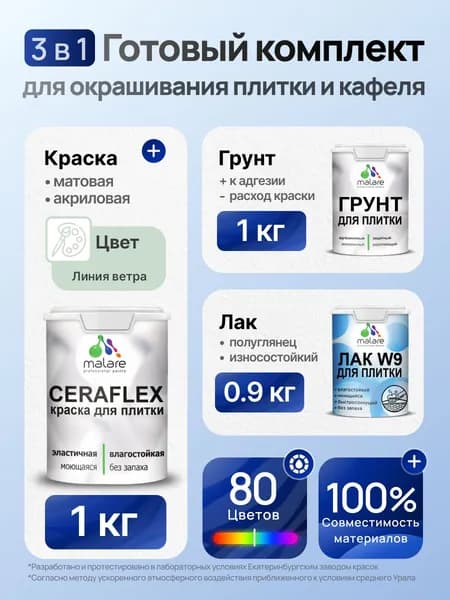 Комплект Malare LIPPO для окрашивания плитки и кафеля (1кг грунт + 1 кг краска + 0.9кг лак), акриловый, без запаха, быстросохнущий, полуглянцевый, цвет линия ветра