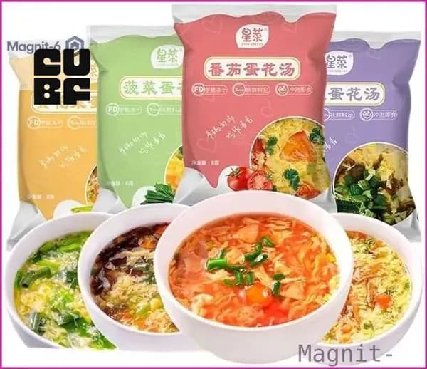 Бестселлер ОзонСвежий сублимированный овощной суп, смесь 4 вкусов 8 г/пакет: суп с водорослями и яичными хлопьями, питательный томатный суп, полезный суп со шпинатом.