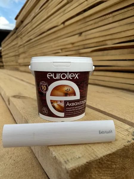 EUROTEX (ЕВРОТЕКС) Белый (0,9 кг) АКВАЛАЗУРЬ (лак + пропитка) БЕЗ ЗАПАХА, защитно-декоративное покрытие для древесины, ПОЛУГЛЯНЦЕВЫЙ блеск, Рогнеда