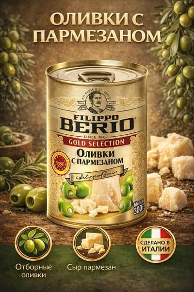 Оливки без косточки с пармезаном 300гр Filippo Berio